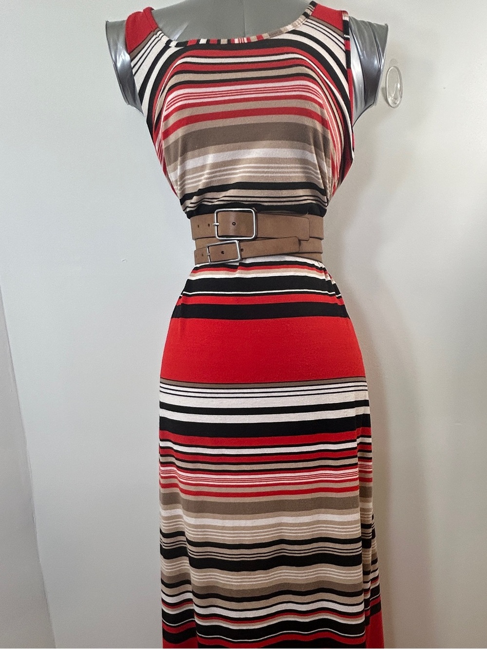 Striped Red and Neutral Maxi Dress with Belted Waist